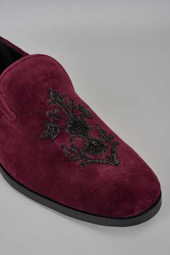 SALIL BHATIA_Wine Embroidery Velvet Dabka Hand Loafers _Online_at_Aza_Fashions