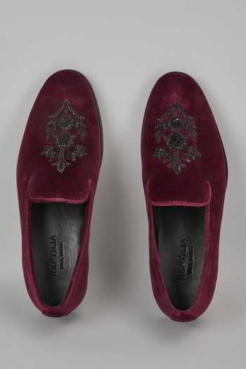 Shop_SALIL BHATIA_Wine Embroidery Velvet Dabka Hand Loafers _at_Aza_Fashions