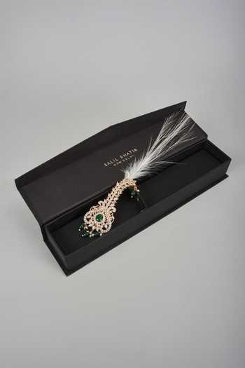 Shop_SALIL BHATIA_Gold Semi-precious Kundan Pearl Feather Kalangi _at_Aza_Fashions