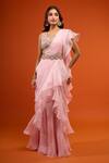 Buy_Prisho_Pink Ruffles, Embroidery V-neck Pre-draped Saree Set _at_Aza_Fashions