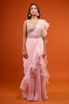 Shop_Prisho_Pink Ruffles, Embroidery V-neck Pre-draped Saree Set _Online_at_Aza_Fashions
