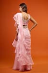 Prisho_Pink Ruffles, Embroidery V-neck Pre-draped Saree Set _Online_at_Aza_Fashions