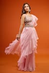 Buy_Prisho_Pink Ruffles, Embroidery V-neck Pre-draped Saree Set 