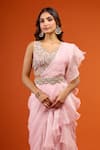 Shop_Prisho_Pink Ruffles, Embroidery V-neck Pre-draped Saree Set 