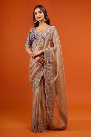 Prisho_Gold Embroidery, Pearls, Beads, Zari, Stones, Tassels Resham Work Saree Set _at_Aza_Fashions