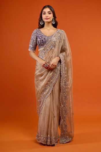 Buy_Prisho_Gold Embroidery, Pearls, Beads, Zari, Stones, Tassels Resham Work Saree Set _at_Aza_Fashions