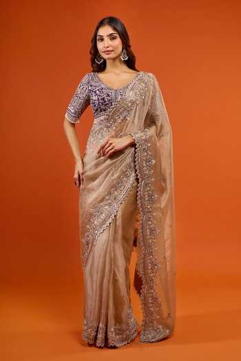 Buy_Prisho_Gold Embroidery, Pearls, Beads, Zari, Stones, Tassels Resham Work Saree Set 