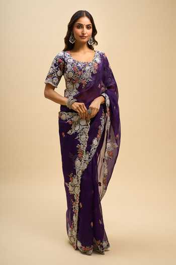 Buy_Prisho_Purple Embroidery, Zari Square Neck Resham Work Saree And Blouse Set _Online_at_Aza_Fashions