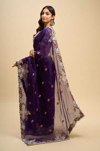 Shop_Prisho_Purple Embroidery, Zari Square Neck Resham Work Saree And Blouse Set _Online_at_Aza_Fashions