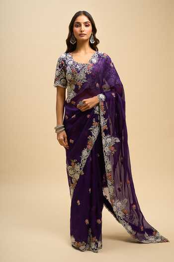 Prisho_Purple Embroidery, Zari Square Neck Resham Work Saree And Blouse Set _at_Aza_Fashions