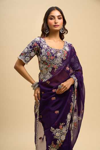 Buy_Prisho_Purple Embroidery, Zari Square Neck Resham Work Saree And Blouse Set 
