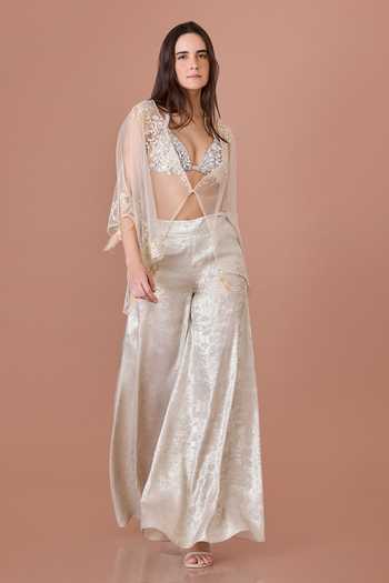 Dilnaz_Gold Satin, Polyester Stones, Crystals, Faux Imitation Encrusted Bikini Top _Online_at_Aza_Fashions