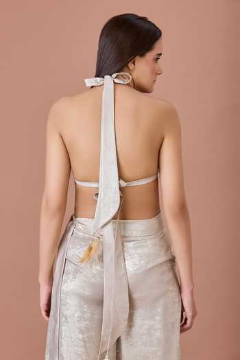 Dilnaz_Gold Satin, Polyester Stones, Crystals, Faux Imitation Encrusted Bikini Top _at_Aza_Fashions