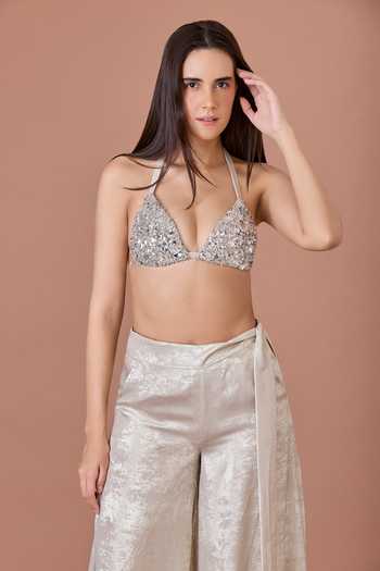 Buy_Dilnaz_Gold Satin, Polyester Stones, Crystals, Faux Imitation Encrusted Bikini Top 