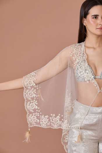 Dilnaz_Gold Net Embroidery, Sequins, Stones Halter Neck, Plunge Resham Border Kaftan _Online_at_Aza_Fashions