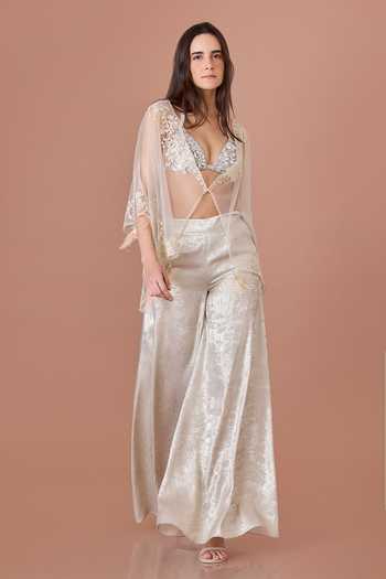 Buy_Dilnaz_Gold Net Embroidery, Sequins, Stones Halter Neck, Plunge Resham Border Kaftan _at_Aza_Fashions