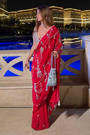 Buy_Dilnaz_Red Satin, Net, Polyester Beads, Stones, Crystals, Imitation Embellished Blouse _at_Aza_Fashions