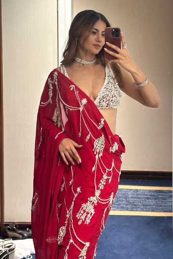 Buy_Dilnaz_Red Satin, Net, Polyester Beads, Stones, Crystals, Imitation Embellished Blouse _Online