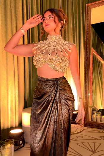 Dilnaz_Gold Satin, Net Sequins, Pearls High Neck Jewel Embellished Crop Top _at_Aza_Fashions