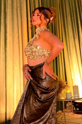 Shop_Dilnaz_Gold Satin, Net Sequins, Pearls High Neck Jewel Embellished Crop Top _at_Aza_Fashions