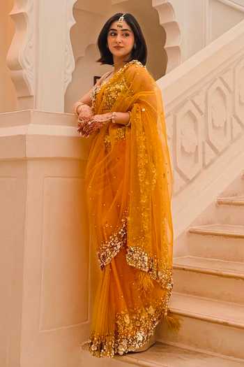Dilnaz_Yellow Satin, Net, Polyester Sequins Embroidered Saree _Online_at_Aza_Fashions