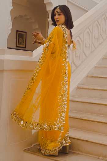 Shop_Dilnaz_Yellow Satin, Net, Polyester Sequins Embroidered Saree _at_Aza_Fashions