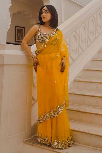 Dilnaz_Yellow Satin, Net, Polyester Sequins Embroidered Saree _at_Aza_Fashions