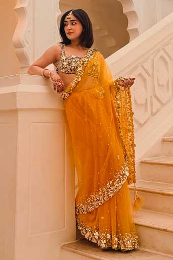 Buy_Dilnaz_Yellow Satin, Net, Polyester Sequins Embroidered Saree _at_Aza_Fashions