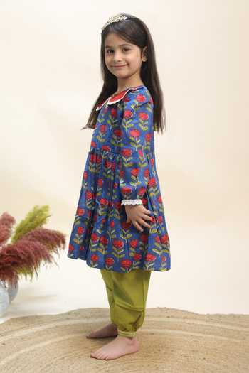 Buy_Kalp_Blue Cotton Bluebell Bloom Print Kurta And Pant Set _Online_at_Aza_Fashions