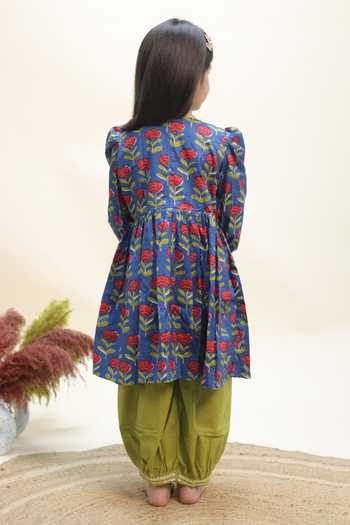 Shop_Kalp_Blue Cotton Bluebell Bloom Print Kurta And Pant Set _at_Aza_Fashions