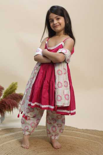 Shop_Kalp_Pink Cotton Lace, Tassels Rose Petal Bloom Kurta Set _Online_at_Aza_Fashions