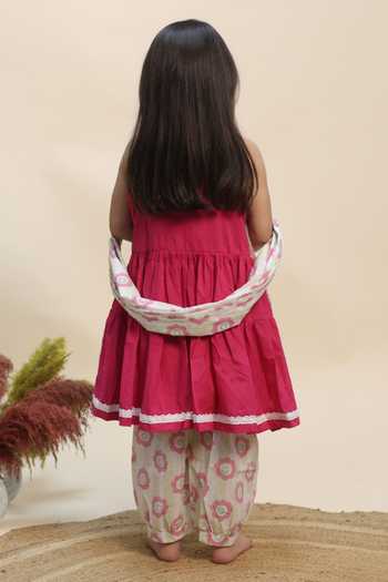 Shop_Kalp_Pink Cotton Lace, Tassels Rose Petal Bloom Kurta Set _at_Aza_Fashions
