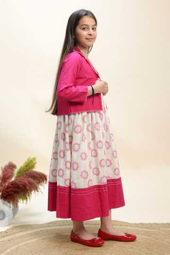 Buy_Kalp_Pink Cotton Petal Garden Dress With Jacket _Online_at_Aza_Fashions