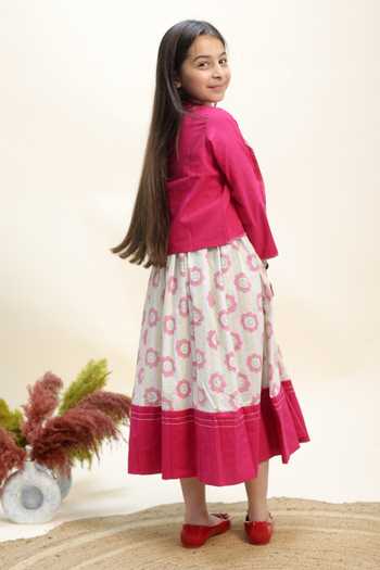 Shop_Kalp_Pink Cotton Petal Garden Dress With Jacket _at_Aza_Fashions