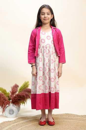 Buy_Kalp_Pink Cotton Petal Garden Dress With Jacket _at_Aza_Fashions