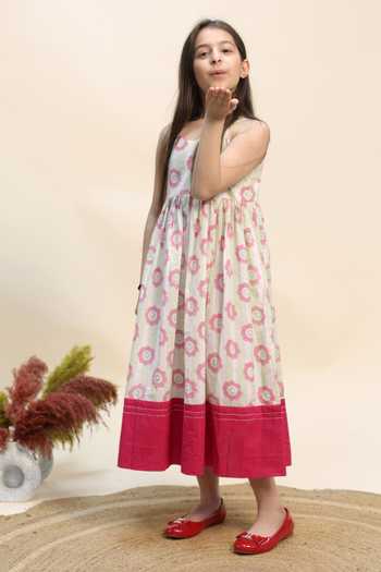 Kalp_Pink Cotton Petal Garden Dress With Jacket _at_Aza_Fashions