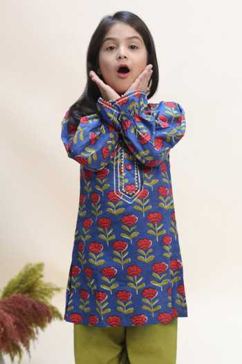 Buy_Kalp_Blue Cotton Bloom And Billow Print Kurta Set _Online_at_Aza_Fashions