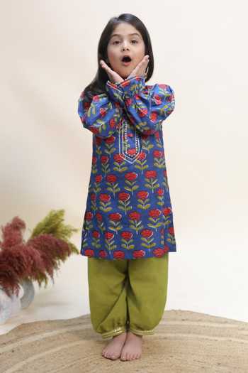 Shop_Kalp_Blue Cotton Bloom And Billow Print Kurta Set _Online_at_Aza_Fashions