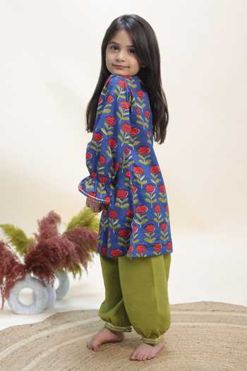 Kalp_Blue Cotton Bloom And Billow Print Kurta Set _at_Aza_Fashions