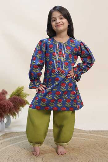 Buy_Kalp_Blue Cotton Bloom And Billow Print Kurta Set _at_Aza_Fashions