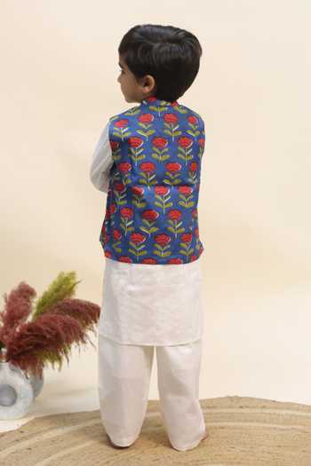 Shop_Kalp_Blue Cotton Royal Bloom Print Bundi Kurta Set _at_Aza_Fashions