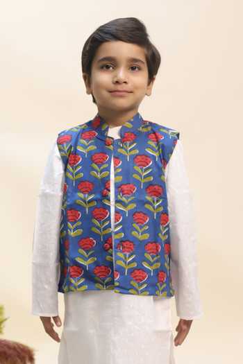Shop_Kalp_Blue Cotton Royal Bloom Print Bundi Kurta Set _Online_at_Aza_Fashions