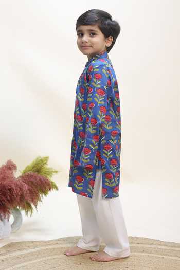 Kalp_Blue Cotton Cobalt Clover Print Kurta And Pant Set _Online_at_Aza_Fashions