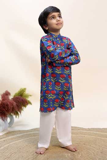 Buy_Kalp_Blue Cotton Cobalt Clover Print Kurta And Pant Set _Online_at_Aza_Fashions