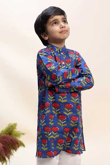 Kalp_Blue Cotton Cobalt Clover Print Kurta And Pant Set _at_Aza_Fashions