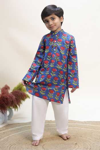 Buy_Kalp_Blue Cotton Cobalt Clover Print Kurta And Pant Set _at_Aza_Fashions