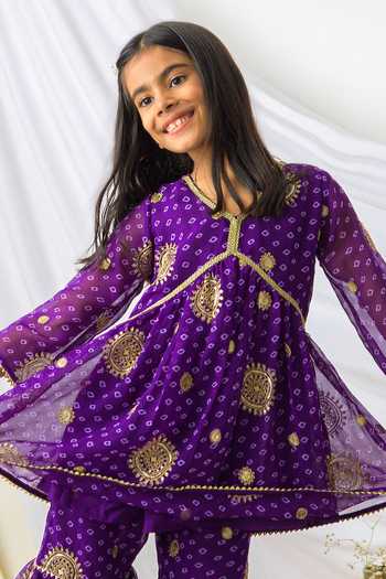 Fairies Forever_Purple Georgette Zari Bandhani Peplum Kurta And Sharara Set _Online_at_Aza_Fashions