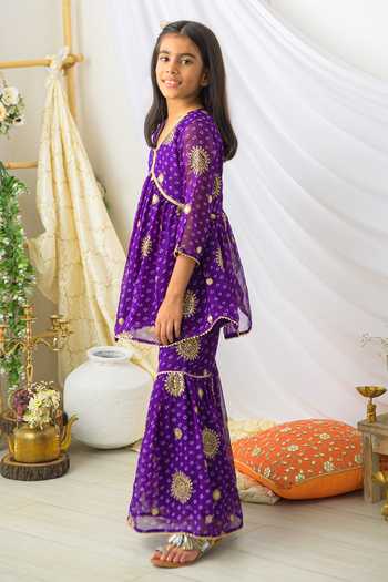 Buy_Fairies Forever_Purple Georgette Zari Bandhani Peplum Kurta And Sharara Set _Online_at_Aza_Fashions