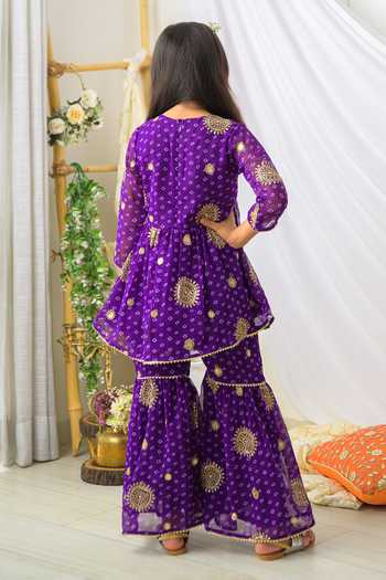Shop_Fairies Forever_Purple Georgette Zari Bandhani Peplum Kurta And Sharara Set _at_Aza_Fashions