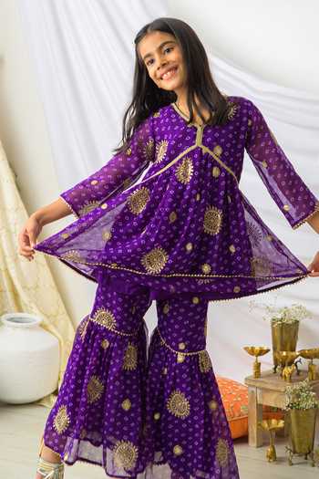 Buy_Fairies Forever_Purple Georgette Zari Bandhani Peplum Kurta And Sharara Set _at_Aza_Fashions